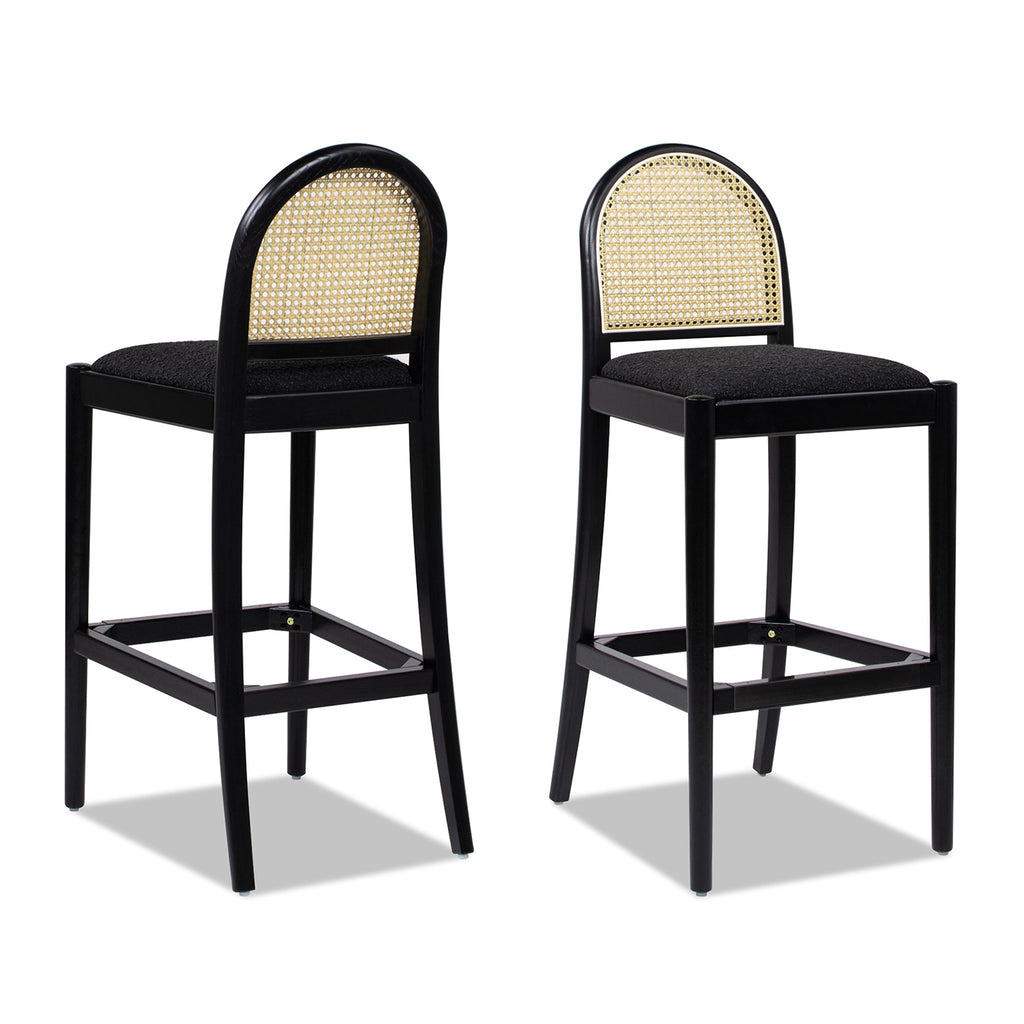 Panama 30.5' Curved Back Cane Rattan Bar Stool, Set of 2, Ebony Black Boucle