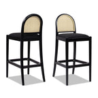 Panama 30.5' Curved Back Cane Rattan Bar Stool, Set of 2, Ebony Black Boucle