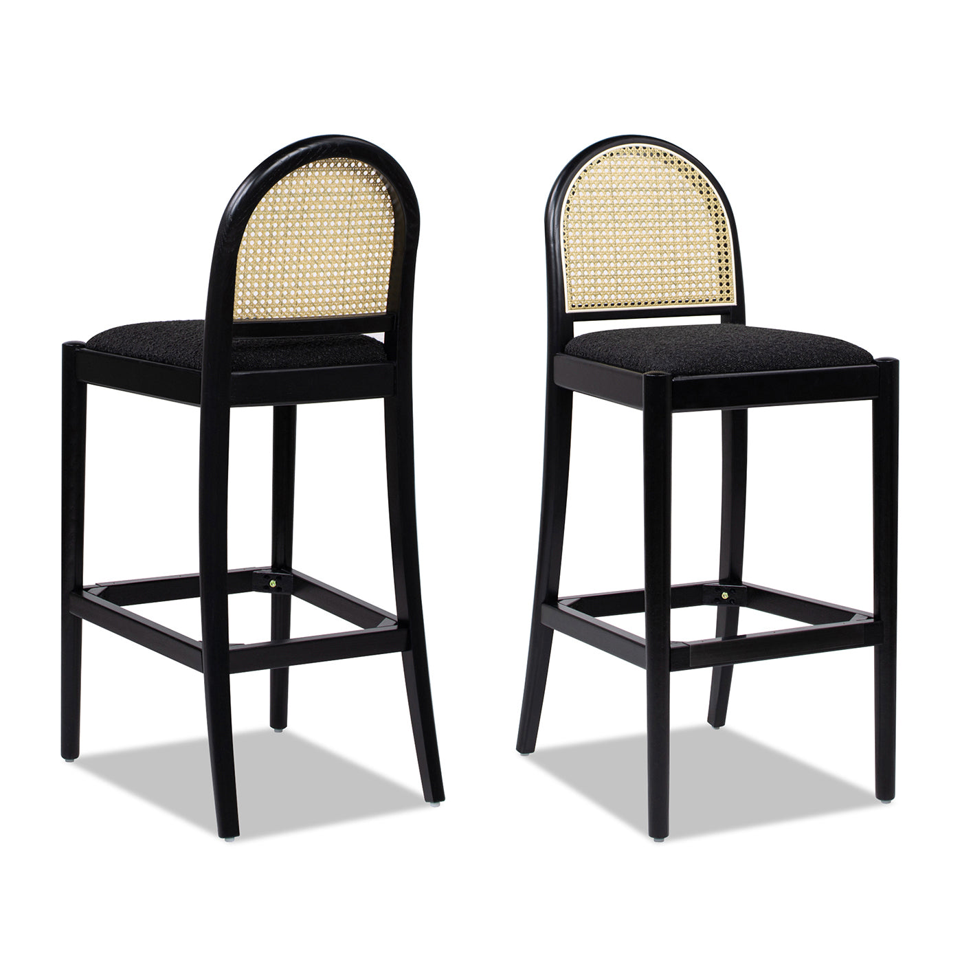 Panama 30.5' Curved Back Cane Rattan Bar Stool, Set of 2, Ebony Black Boucle