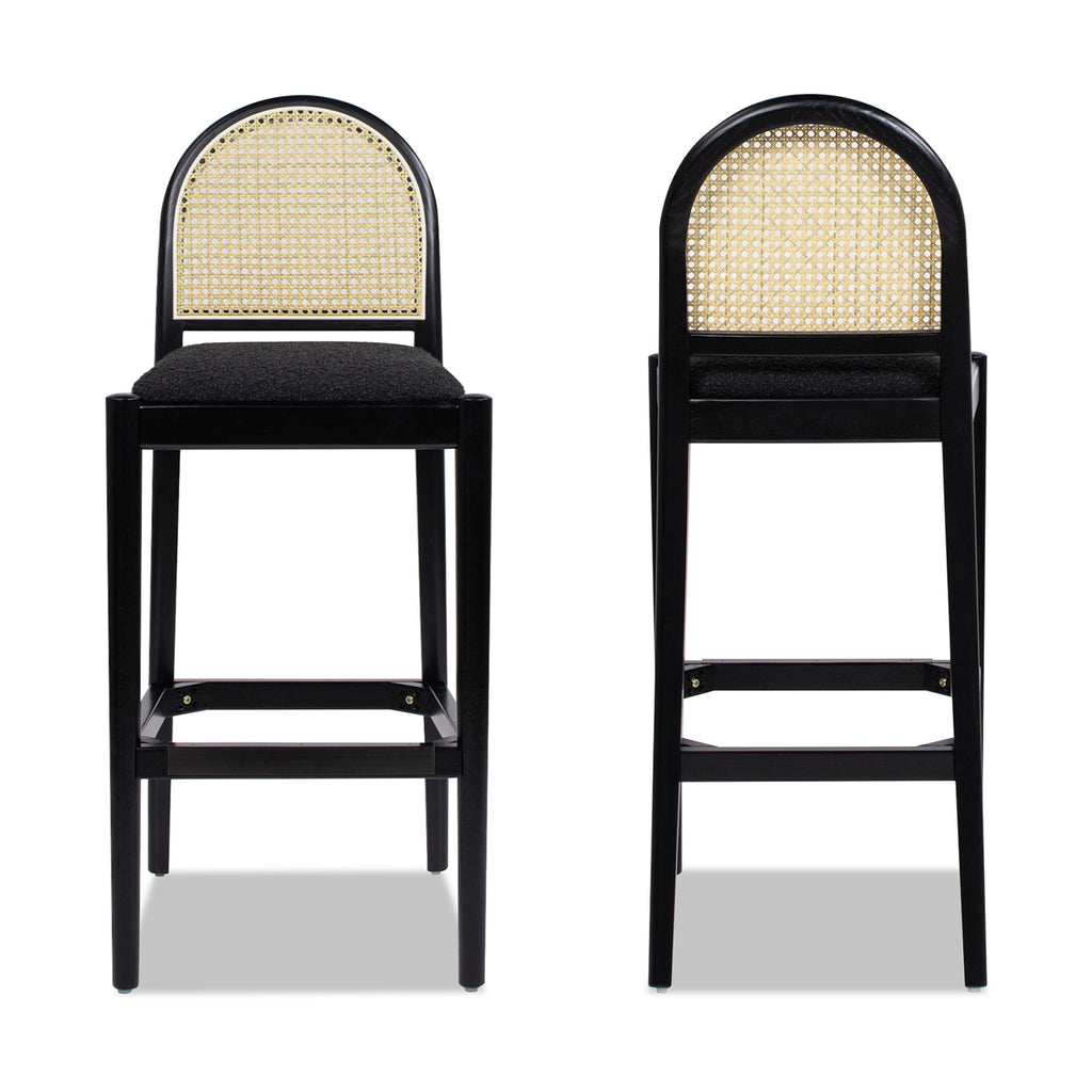 Panama 30.5' Curved Back Cane Rattan Bar Stool, Set of 2, Ebony Black Boucle