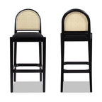 Panama 30.5' Curved Back Cane Rattan Bar Stool, Set of 2, Ebony Black Boucle