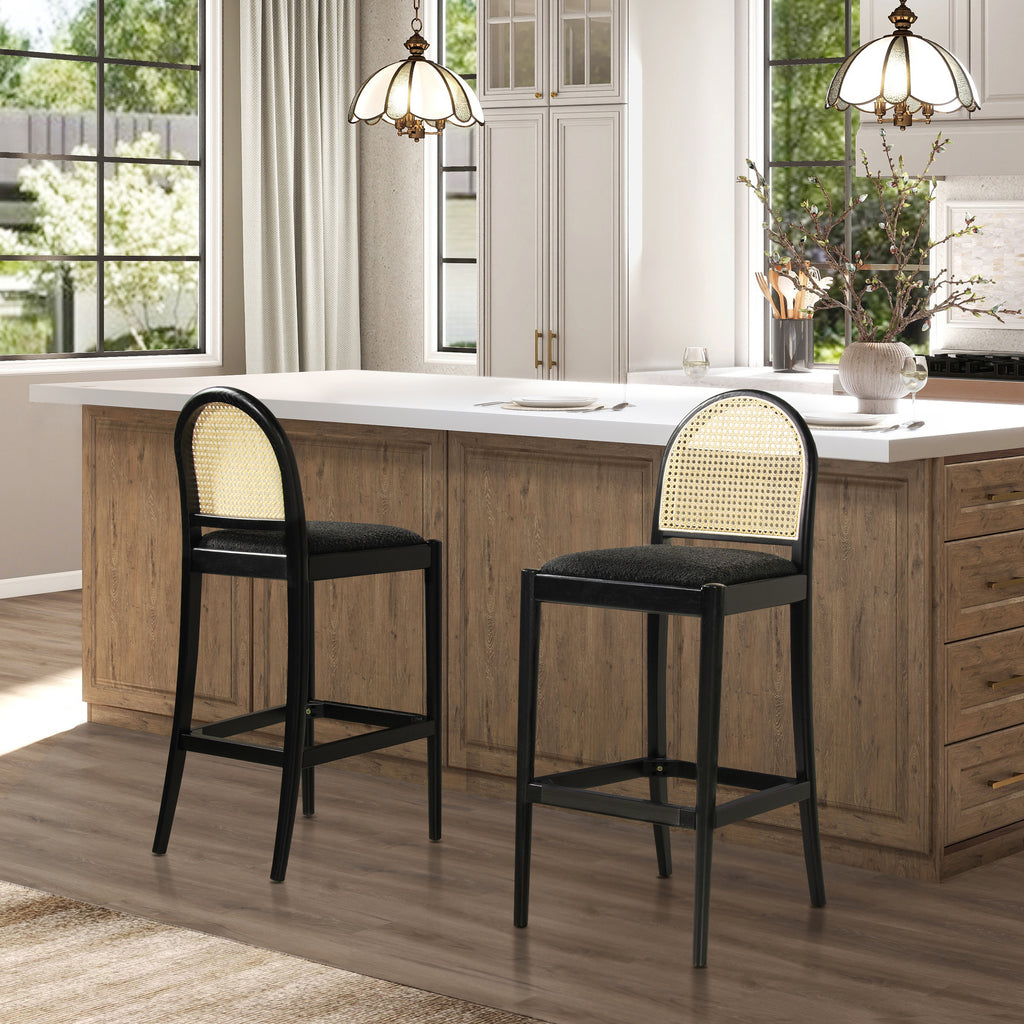 Panama 30.5' Curved Back Cane Rattan Bar Stool, Set of 2, Ebony Black Boucle