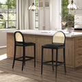Panama 30.5' Curved Back Cane Rattan Bar Stool, Set of 2, Ebony Black Boucle