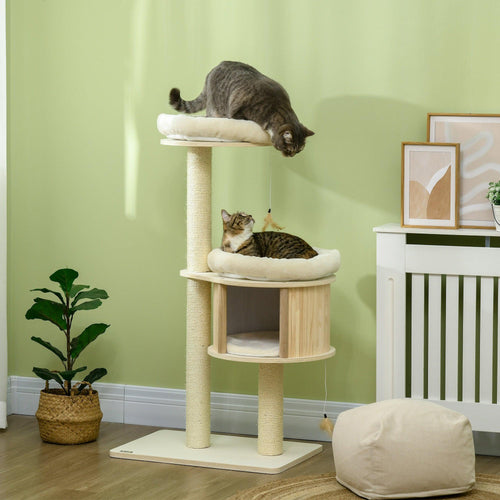 PawHut 3-Level Natural Sisal Cat Tree With Toys And Cushions.