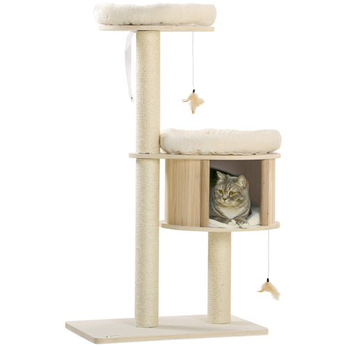 PawHut 3-Level Natural Sisal Cat Tree With Toys And Cushions.