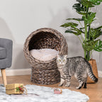 PawHut Handwoven Elevated Cat Bed with Soft Cushion & Cat Egg Chair Shape, Cat Basket Bed Kitty House with Stand, Raised Wicker Cat Bed for Indoor Cats, 23.5" H, Gray