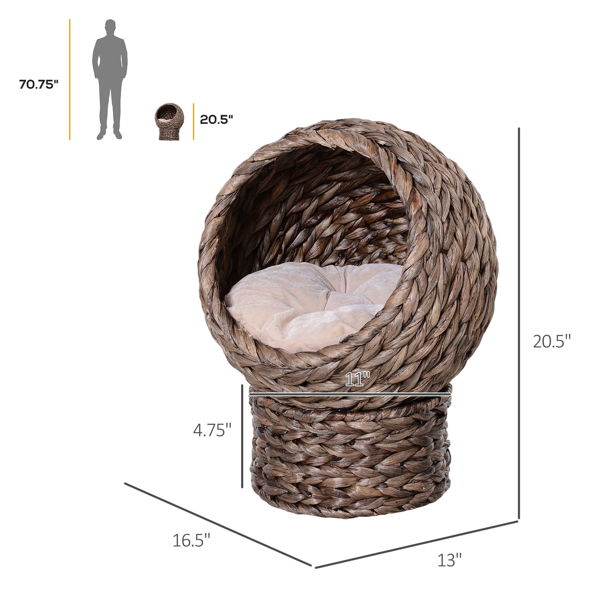 PawHut Handwoven Elevated Cat Bed with Soft Cushion & Cat Egg Chair Shape, Cat Basket Bed Kitty House with Stand, Raised Wicker Cat Bed for Indoor Cats, 23.5" H, Gray