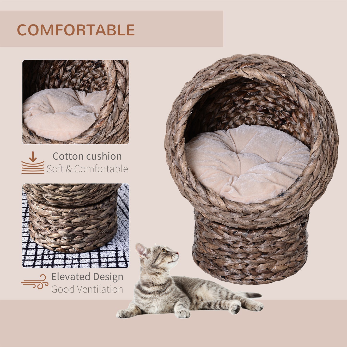 PawHut Handwoven Elevated Cat Bed with Soft Cushion & Cat Egg Chair Shape, Cat Basket Bed Kitty House with Stand, Raised Wicker Cat Bed for Indoor Cats, 23.5" H, Gray
