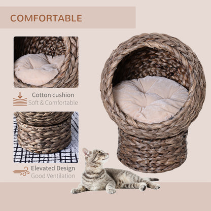 PawHut Handwoven Elevated Cat Bed with Soft Cushion & Cat Egg Chair Shape, Cat Basket Bed Kitty House with Stand, Raised Wicker Cat Bed for Indoor Cats, 23.5" H, Gray