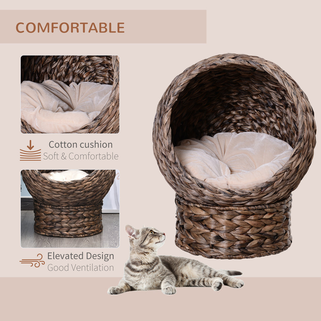 PawHut Handwoven Elevated Cat Bed with Soft Cushion & Cat Egg Chair Shape, Cat Basket Bed Kitty House with Stand, Raised Wicker Cat Bed for Indoor Cats, 23.5" H, Grey