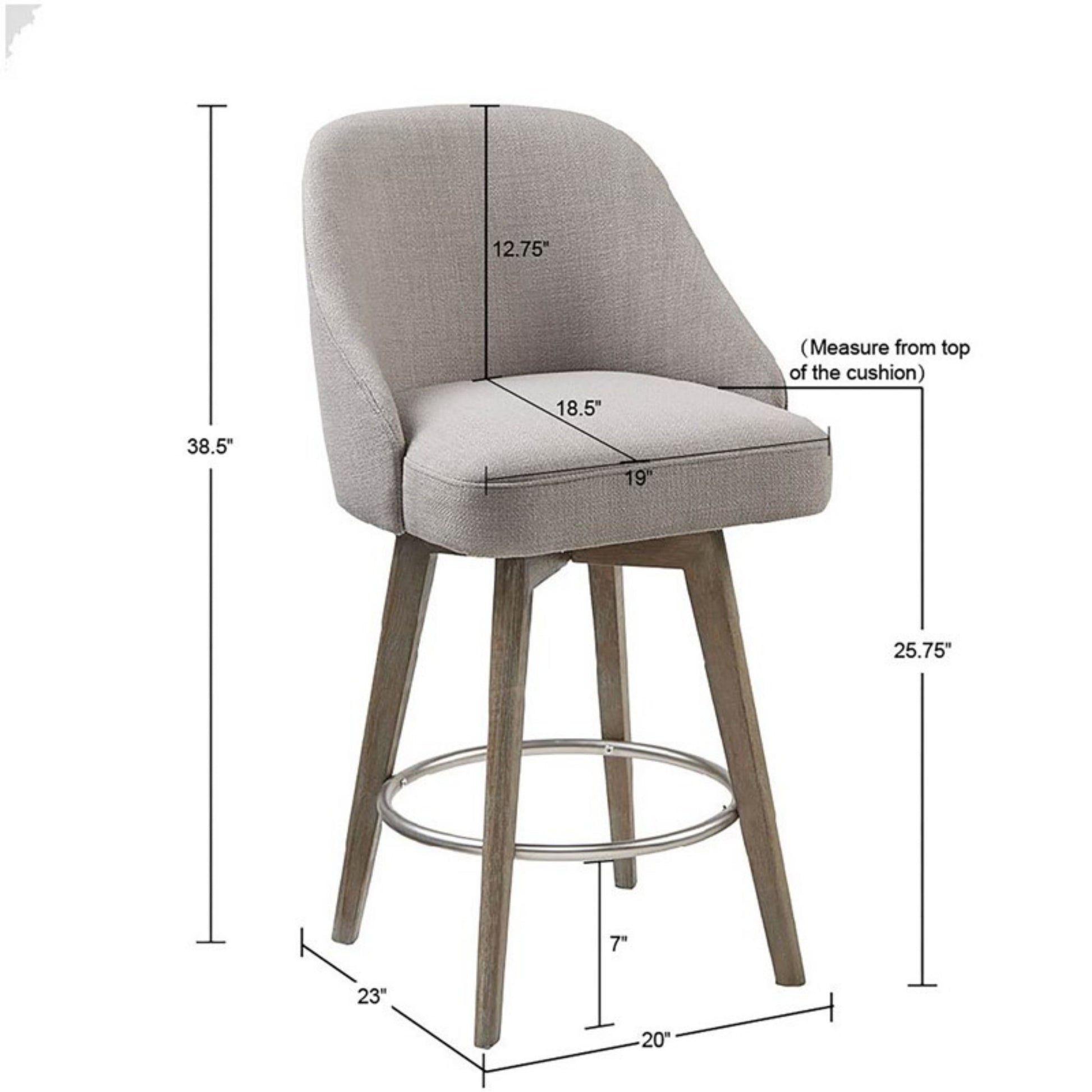 Pearce Counter Stool with Swivel Seat in Grey Polyester and Solid Wood Bar Stools