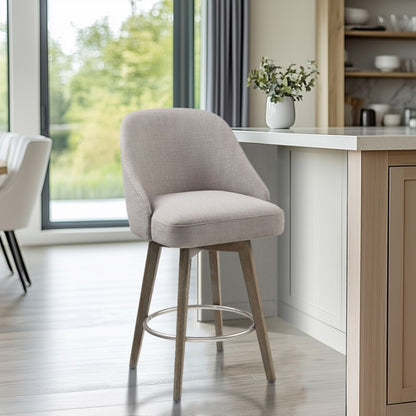 Pearce Counter Stool with Swivel Seat in Grey Polyester and Solid Wood Bar Stools