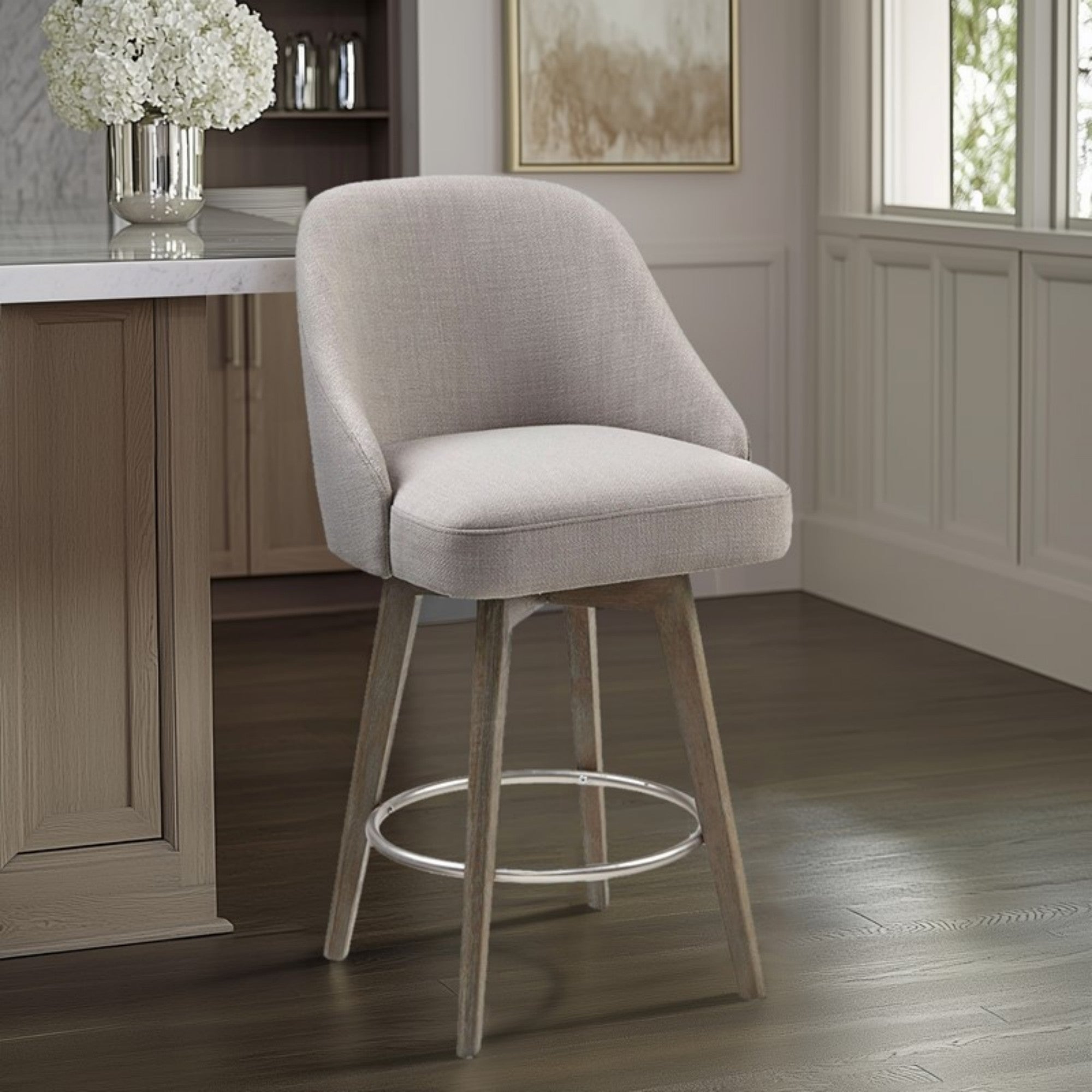 Pearce Counter Stool with Swivel Seat in Grey Polyester and Solid Wood Bar Stools