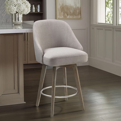 Pearce Counter Stool with Swivel Seat in Grey Polyester and Solid Wood Bar Stools
