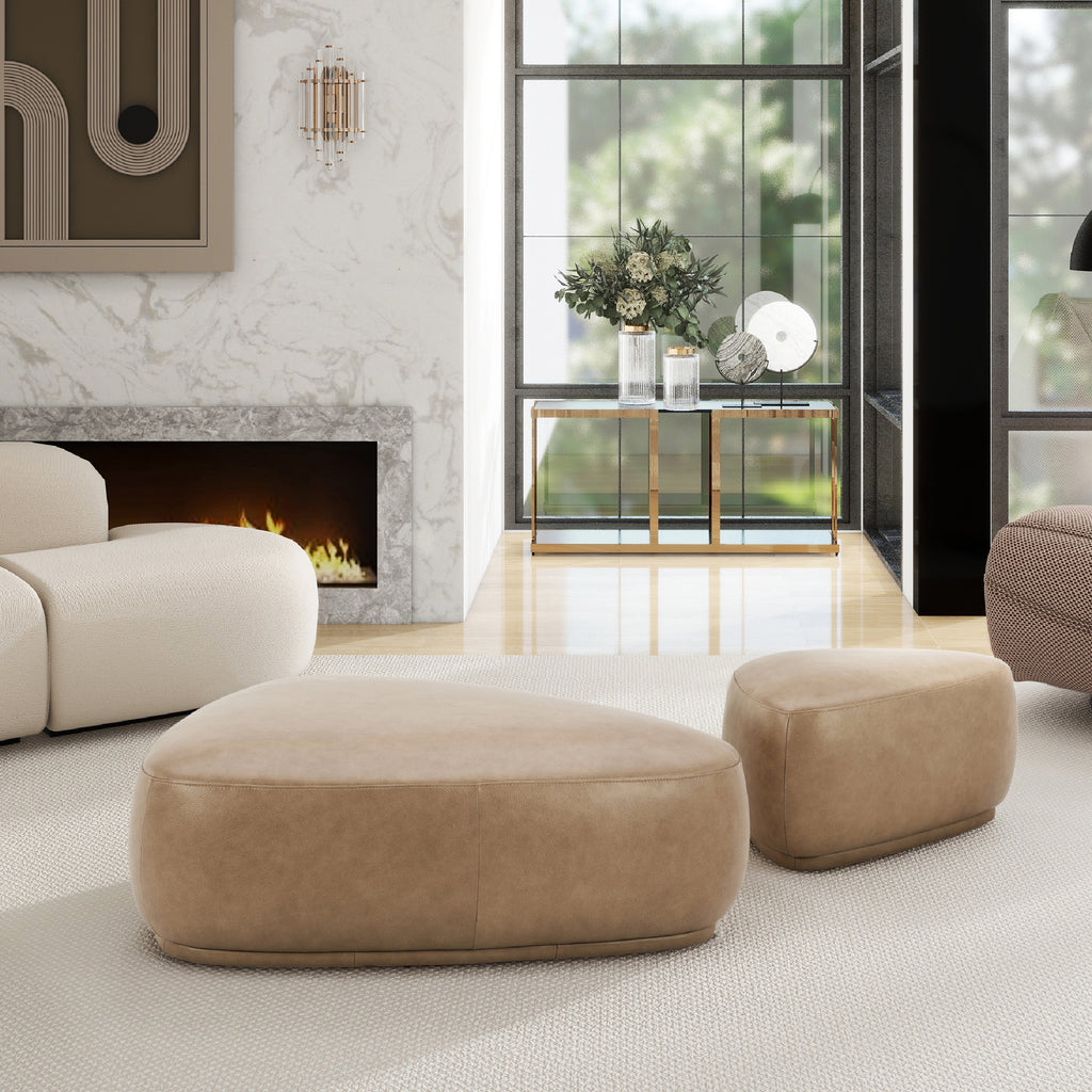 Pebble 44' Rounded Triangle Cocktail Ottoman, Tuscan Tan Brown Top Grain Leather