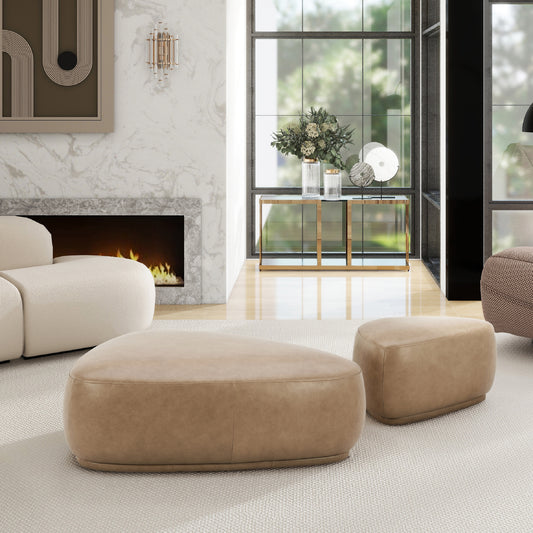 Pebble 44' Rounded Triangle Cocktail Ottoman, Tuscan Tan Brown Top Grain Leather