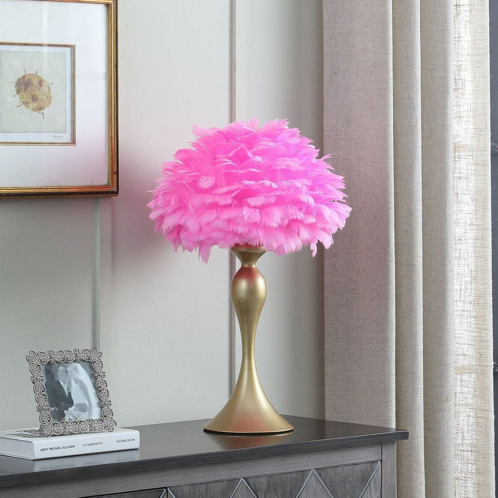 18.25"In Hot Pink Feather Aquina Satin Gold Metal Contour Glam Table Lamp - Groovy Boardz
