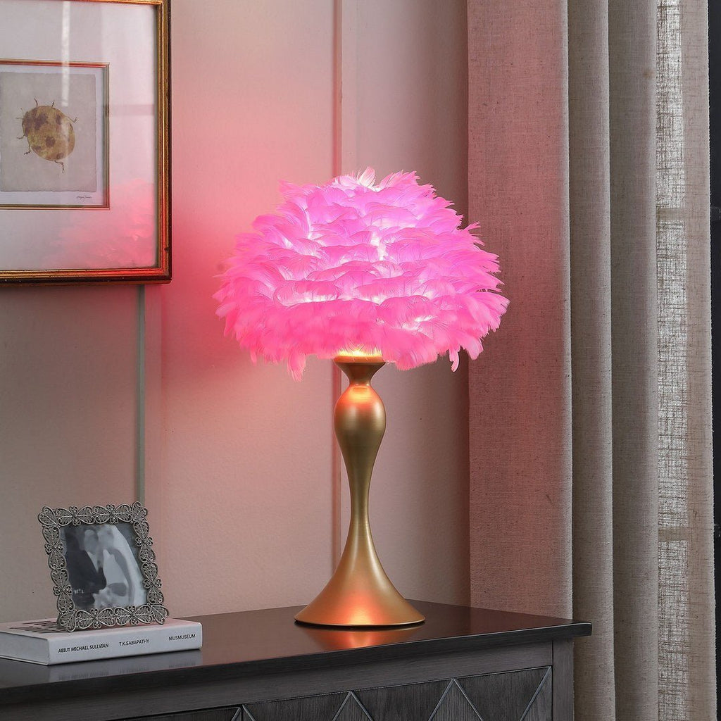 18.25"In Hot Pink Feather Aquina Satin Gold Metal Contour Glam Table Lamp - Groovy Boardz