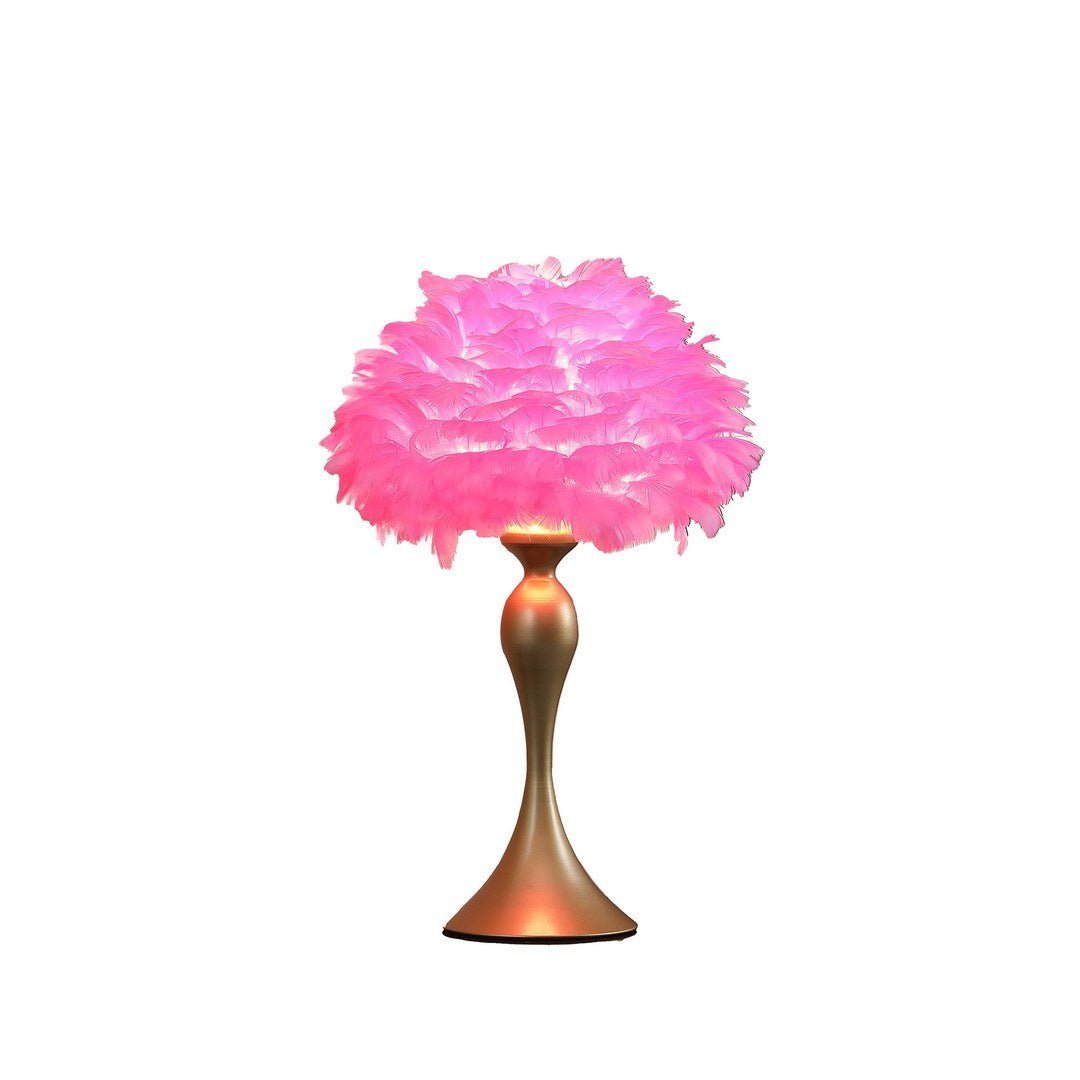 18.25"In Hot Pink Feather Aquina Satin Gold Metal Contour Glam Table Lamp - Groovy Boardz