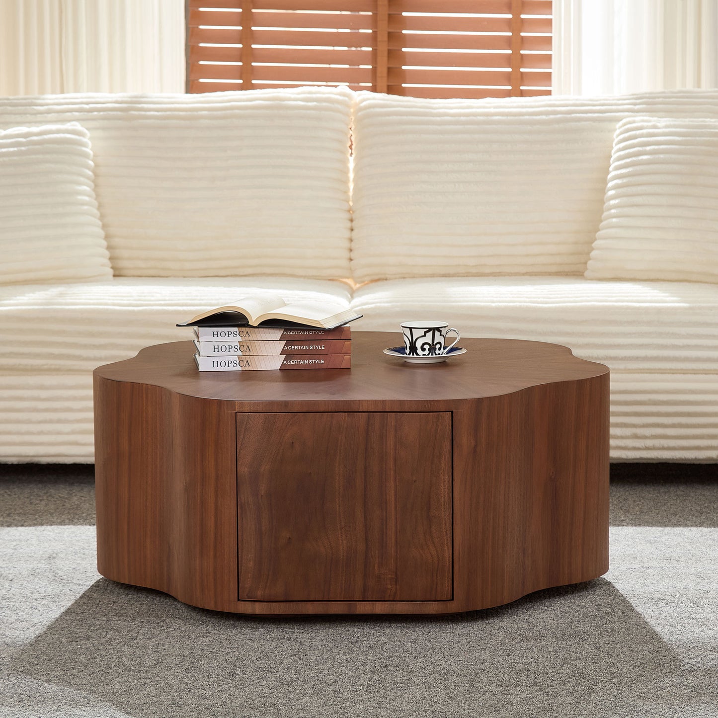35.43 inch Petal - shaped Design Round Coffee Table,Small Coffee Table with Hidden Drawer for Living Room,Apartment,Walnut Color