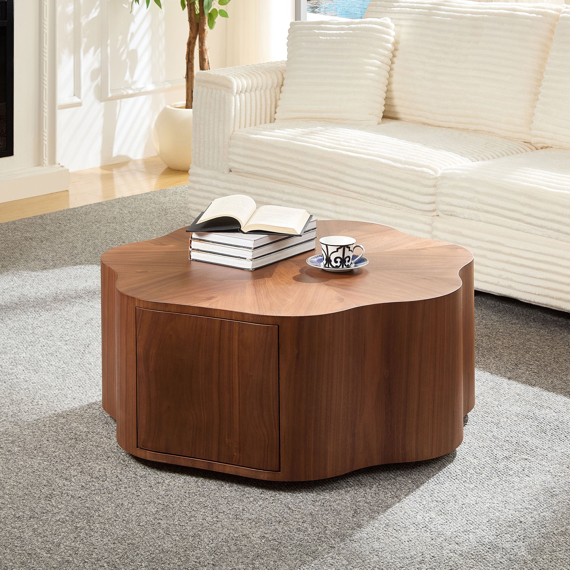 35.43 inch Petal - shaped Design Round Coffee Table,Small Coffee Table with Hidden Drawer for Living Room,Apartment,Walnut Color