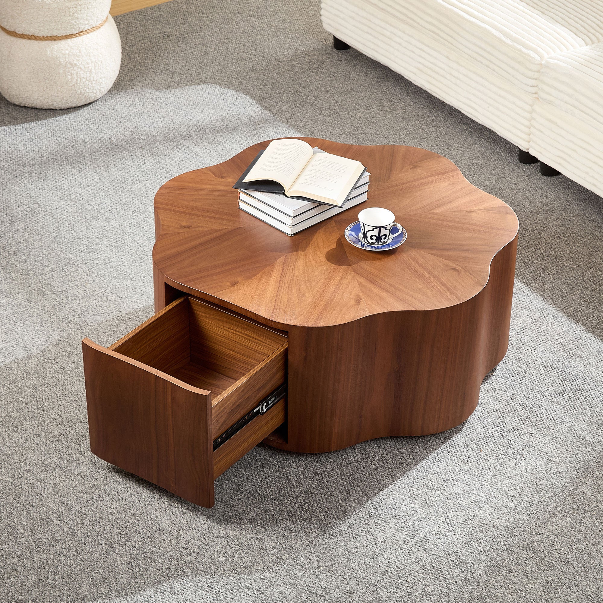 35.43 inch Petal - shaped Design Round Coffee Table,Small Coffee Table with Hidden Drawer for Living Room,Apartment,Walnut Color