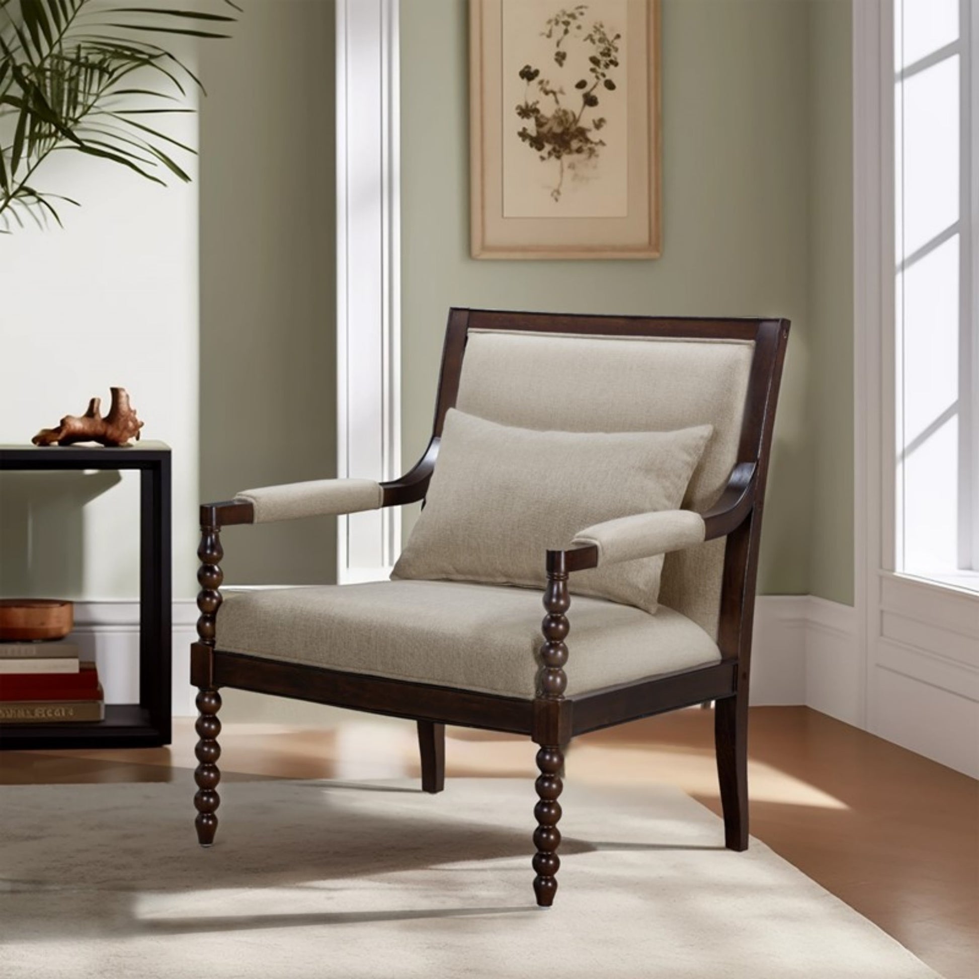 Philippe Accent Arm Chair with Upholstered Seat and Backrest, Beige and Brown, Solid Wood Frame Accent Chair