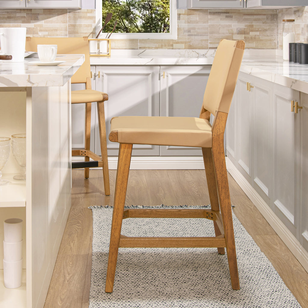 Pierre 26' Farmhouse Saddle Kitchen Island Counter Stool with Back, Sunkissed Beige Leather & Natural Wood