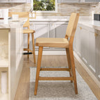 Pierre 26' Farmhouse Saddle Kitchen Island Counter Stool with Back, Sunkissed Beige Leather & Natural Wood