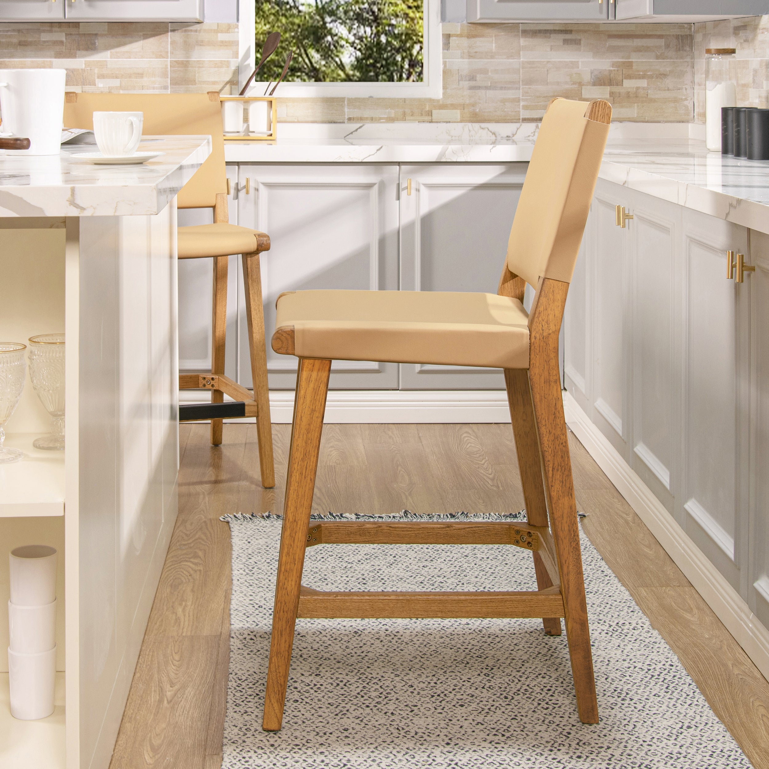 Pierre 26' Farmhouse Saddle Kitchen Island Counter Stool with Back, Sunkissed Beige Leather & Natural Wood