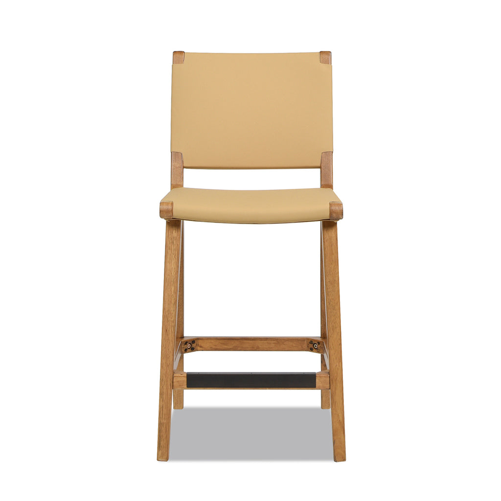 Pierre 26' Farmhouse Saddle Kitchen Island Counter Stool with Back, Sunkissed Beige Leather & Natural Wood