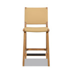 Pierre 26' Farmhouse Saddle Kitchen Island Counter Stool with Back, Sunkissed Beige Leather & Natural Wood