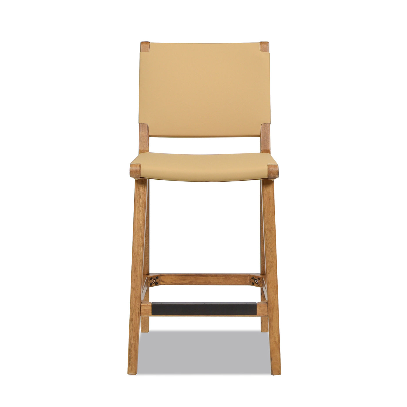 Pierre 26' Farmhouse Saddle Kitchen Island Counter Stool with Back, Sunkissed Beige Leather & Natural Wood