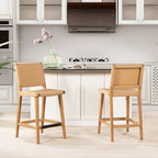 Pierre 26' Farmhouse Saddle Kitchen Island Counter Stool with Back, Sunkissed Beige Leather & Natural Wood