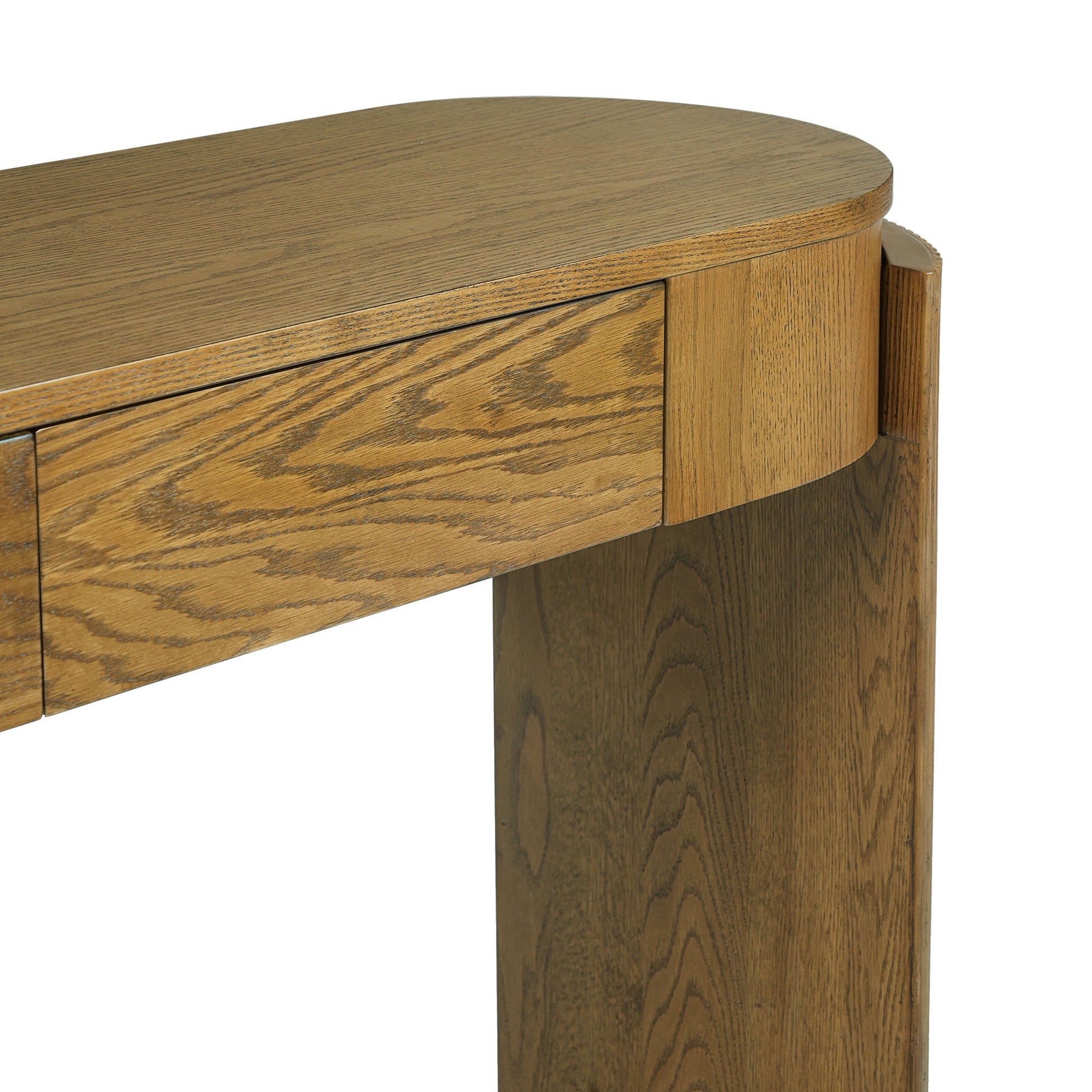 TREXM Entryway Table with Natural Wood Grain Finish, Console Table with Fluted Design, Oval Top and 2 Drawers for Entryway and Living Room (Pine Wood)