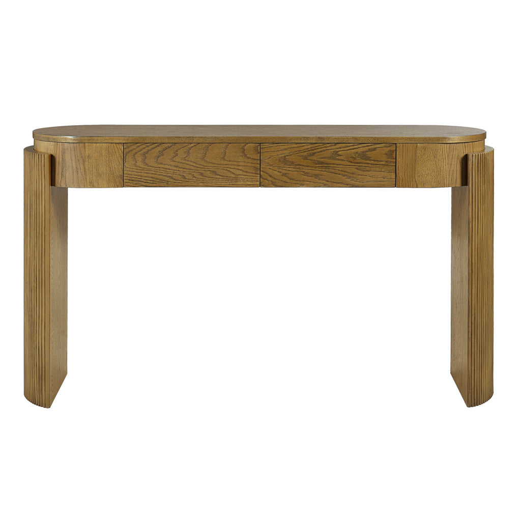 TREXM Entryway Table with Natural Wood Grain Finish, Console Table with Fluted Design, Oval Top and 2 Drawers for Entryway and Living Room (Pine Wood)