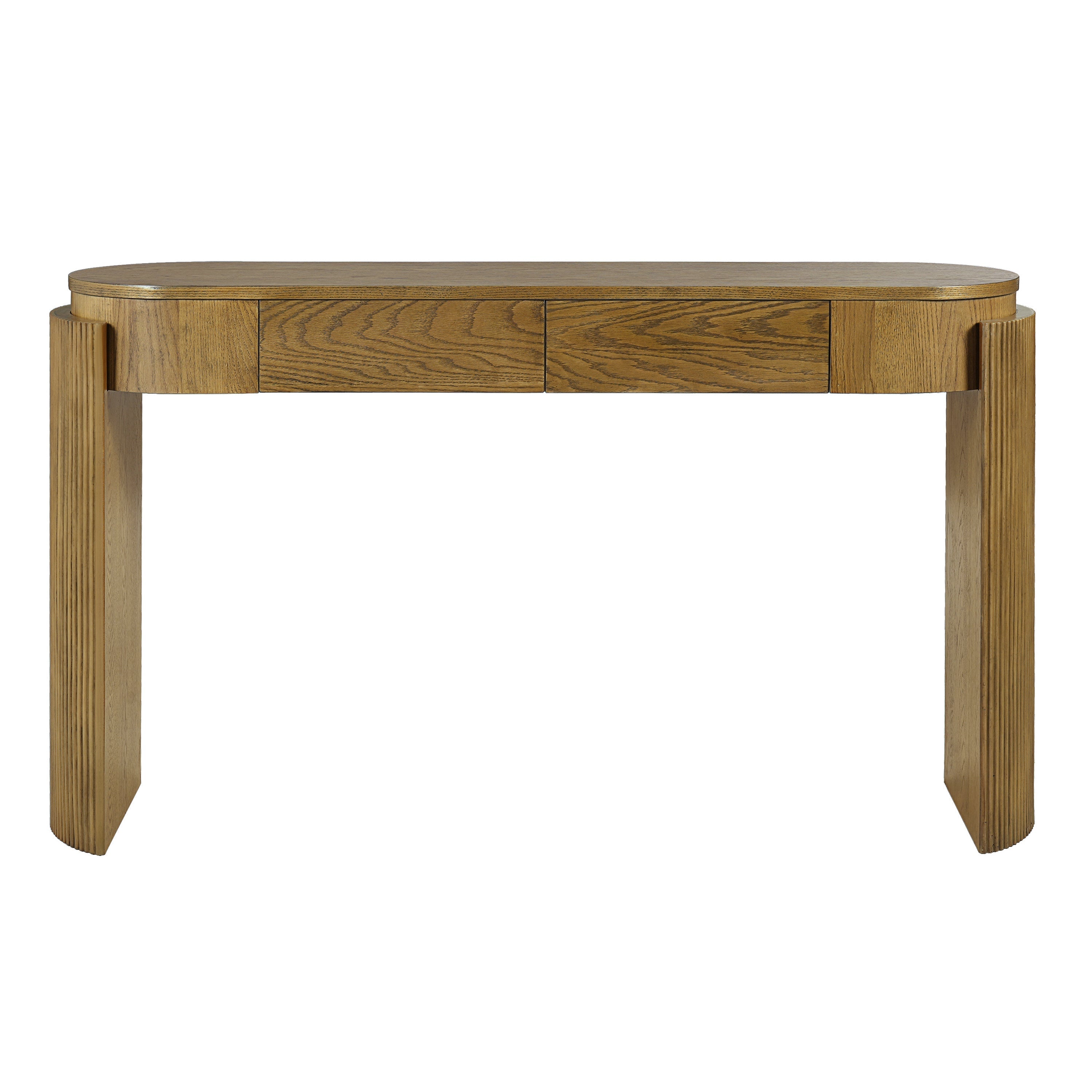 TREXM Entryway Table with Natural Wood Grain Finish, Console Table with Fluted Design, Oval Top and 2 Drawers for Entryway and Living Room (Pine Wood)