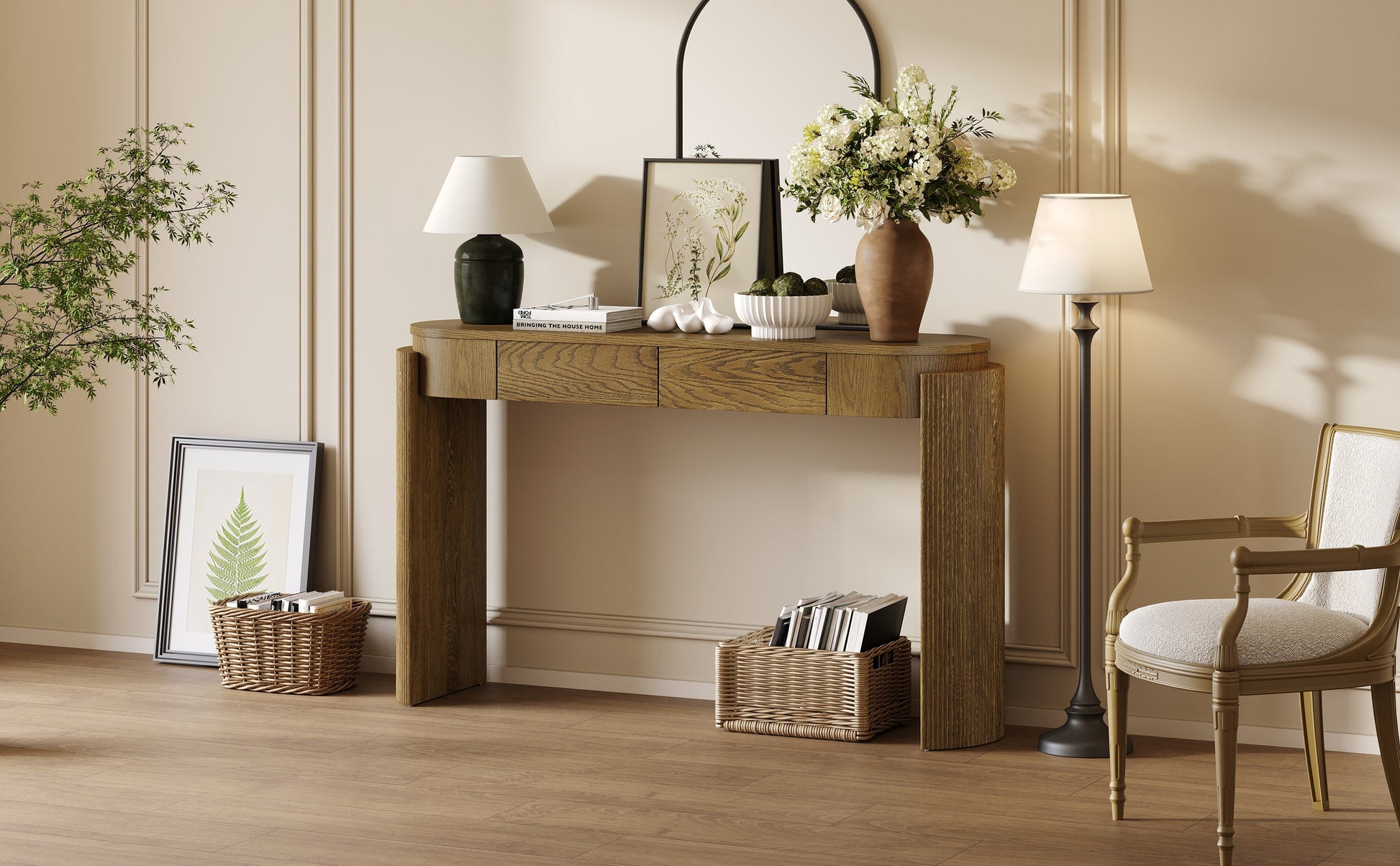 TREXM Entryway Table with Natural Wood Grain Finish, Console Table with Fluted Design, Oval Top and 2 Drawers for Entryway and Living Room (Pine Wood)