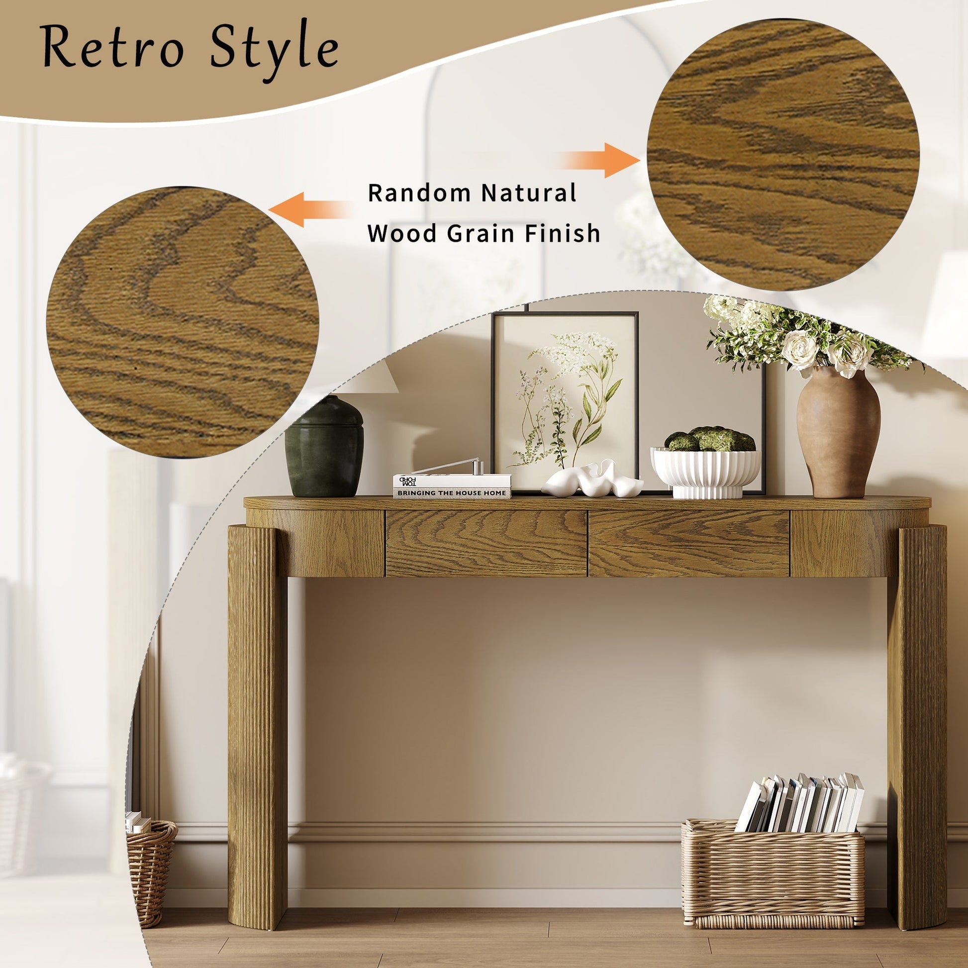 TREXM Entryway Table with Natural Wood Grain Finish, Console Table with Fluted Design, Oval Top and 2 Drawers for Entryway and Living Room (Pine Wood)