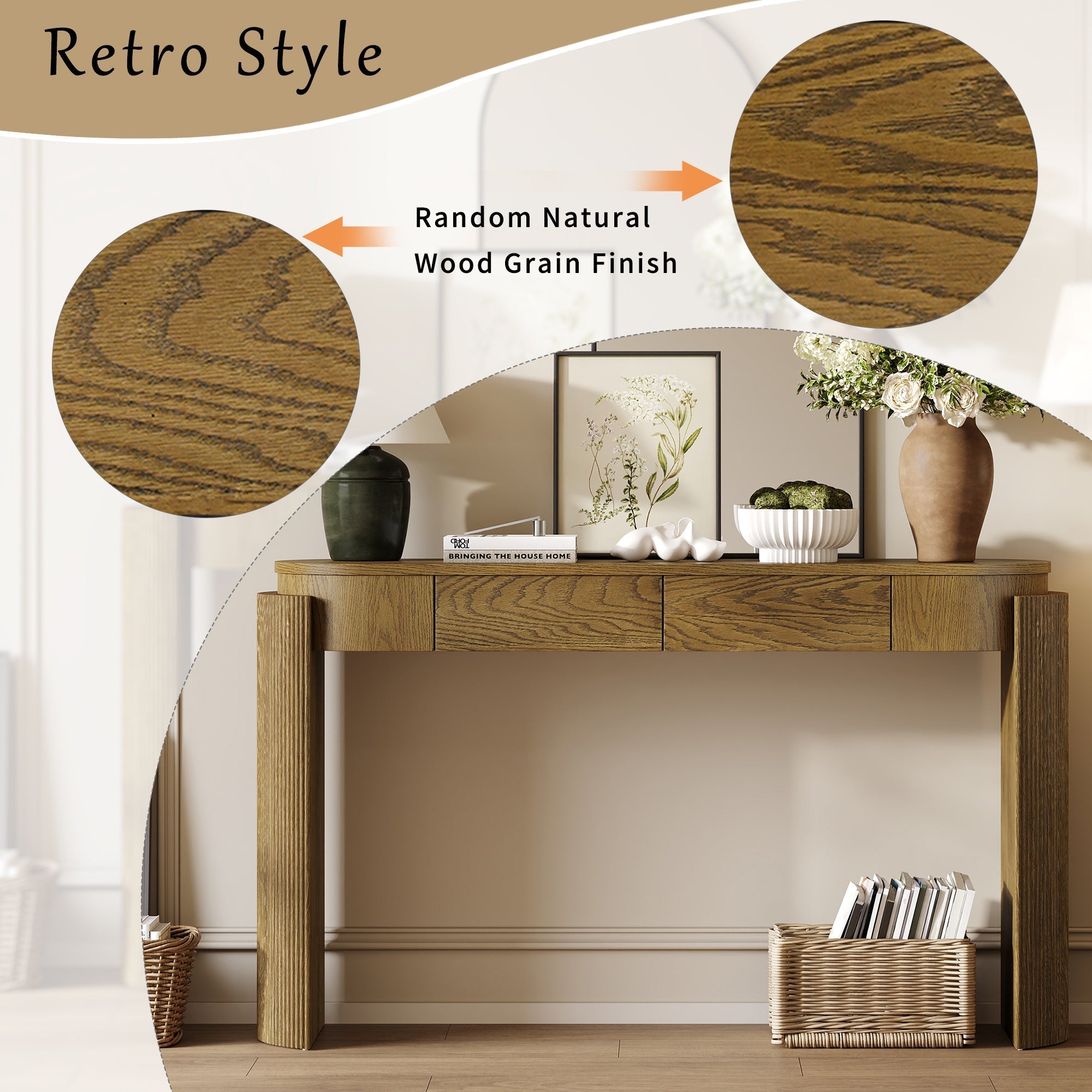 TREXM Entryway Table with Natural Wood Grain Finish, Console Table with Fluted Design, Oval Top and 2 Drawers for Entryway and Living Room (Pine Wood)