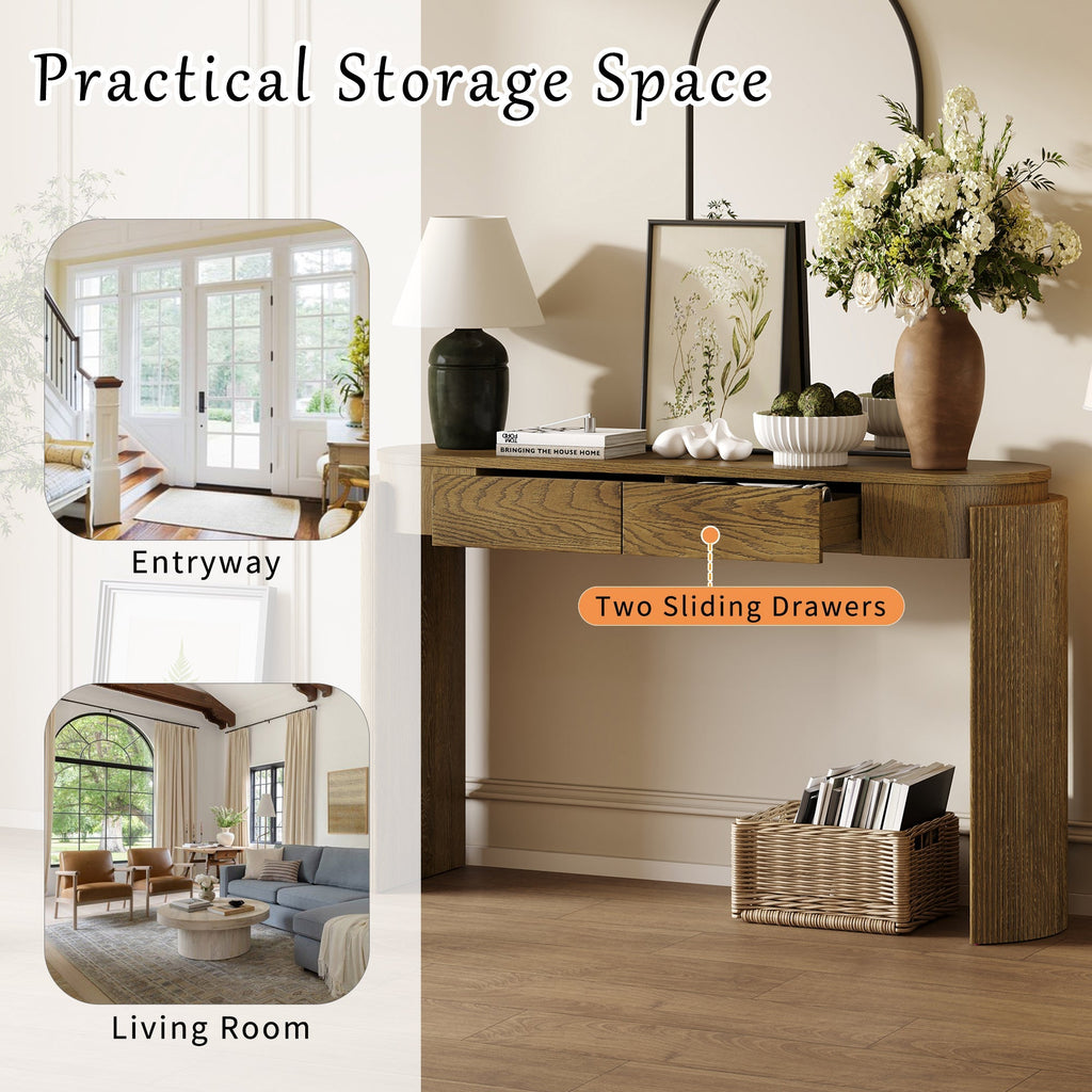 TREXM Entryway Table with Natural Wood Grain Finish, Console Table with Fluted Design, Oval Top and 2 Drawers for Entryway and Living Room (Pine Wood)