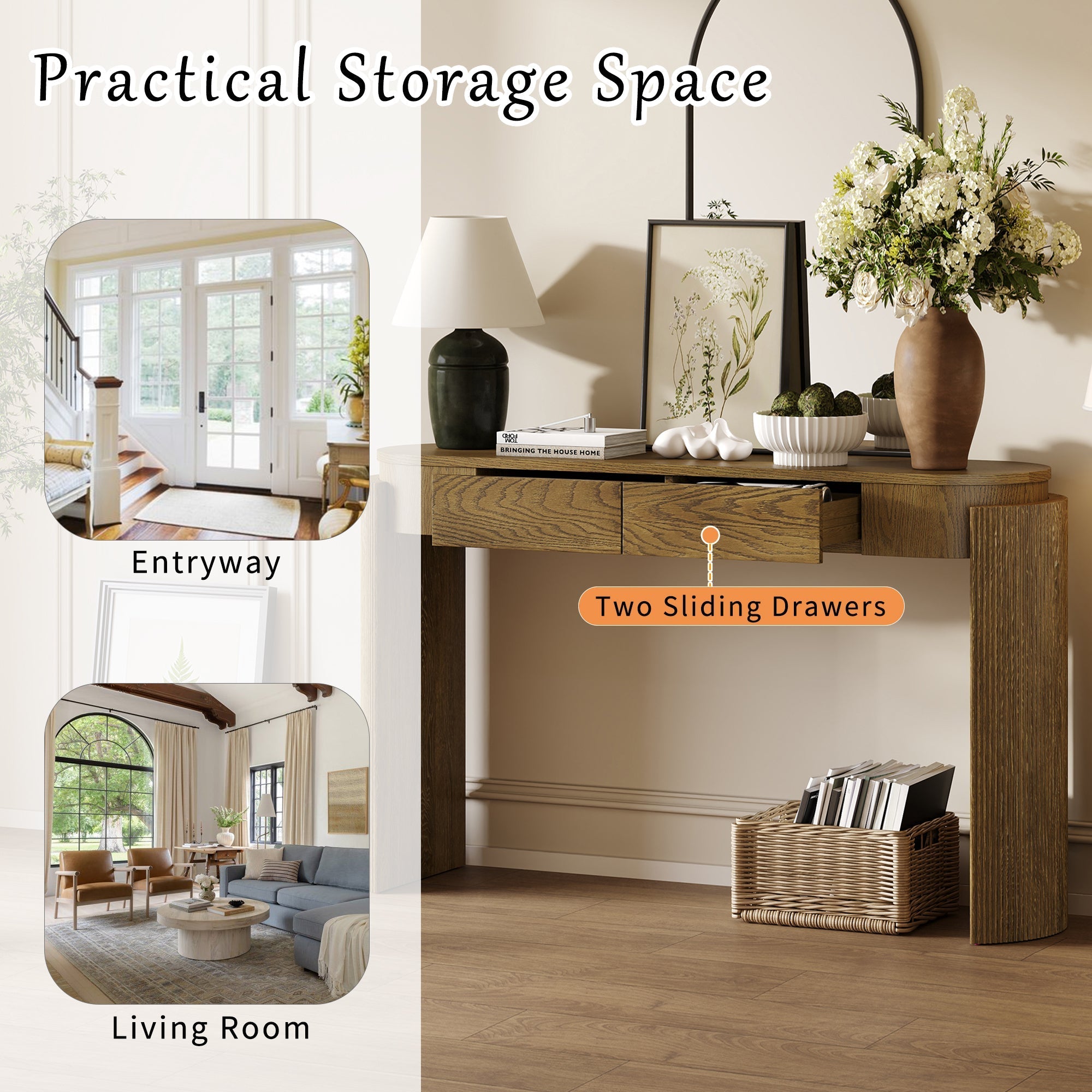 TREXM Entryway Table with Natural Wood Grain Finish, Console Table with Fluted Design, Oval Top and 2 Drawers for Entryway and Living Room (Pine Wood)