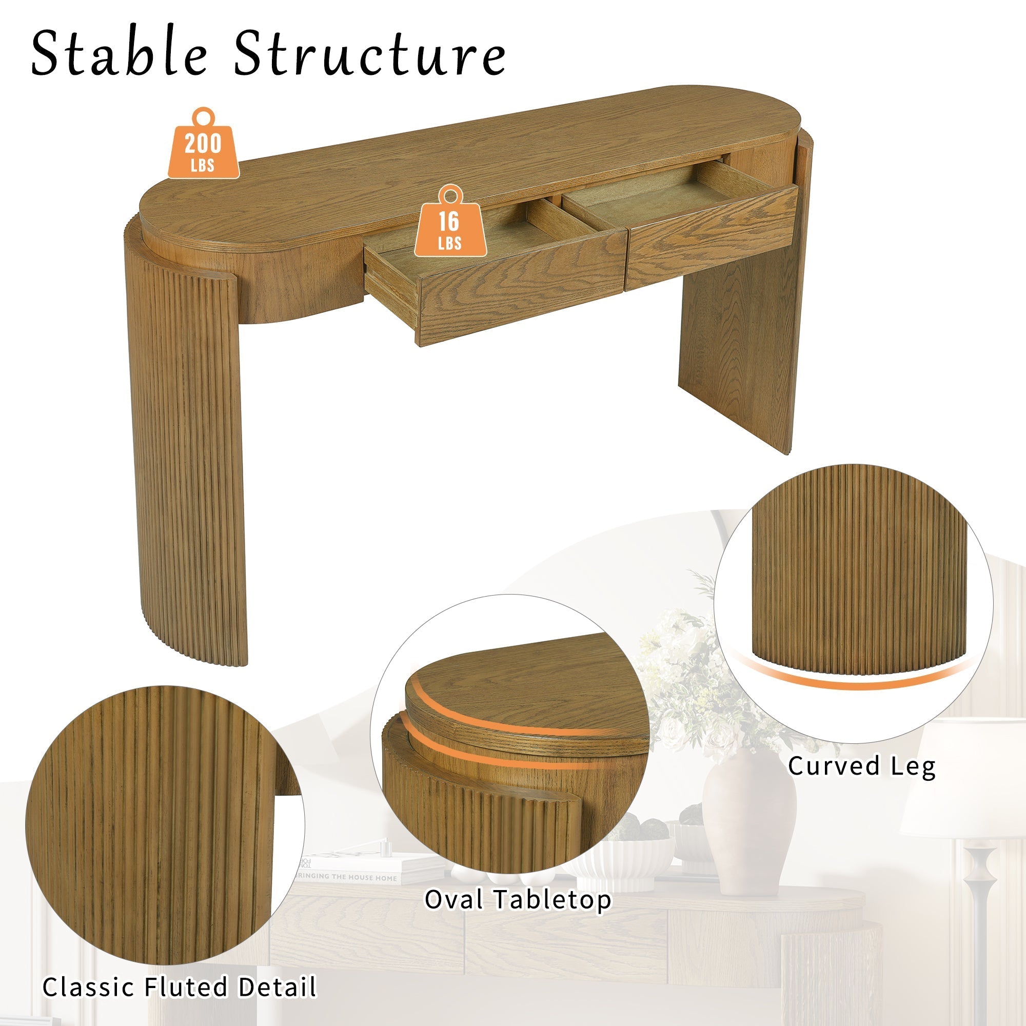 TREXM Entryway Table with Natural Wood Grain Finish, Console Table with Fluted Design, Oval Top and 2 Drawers for Entryway and Living Room (Pine Wood)