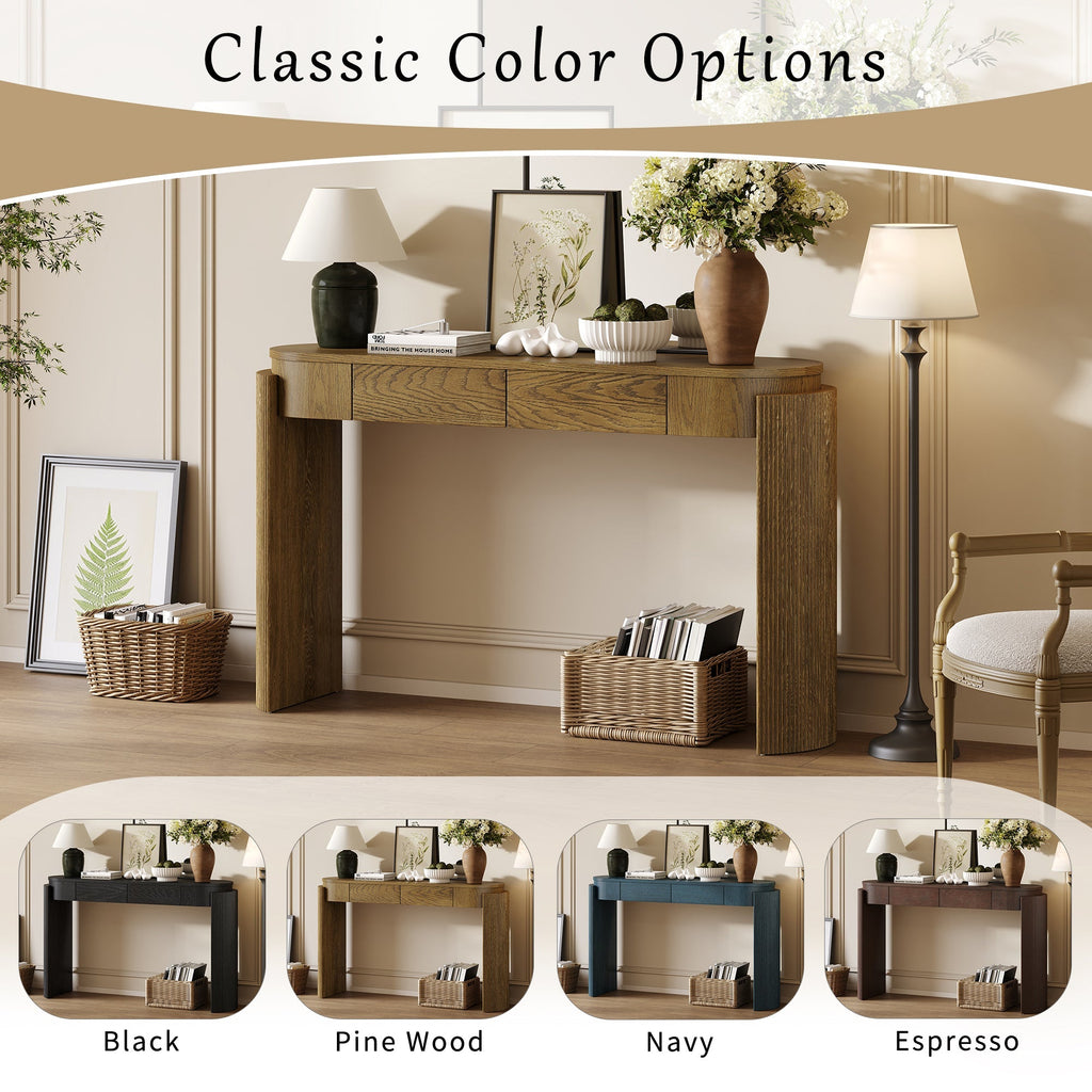 TREXM Entryway Table with Natural Wood Grain Finish, Console Table with Fluted Design, Oval Top and 2 Drawers for Entryway and Living Room (Pine Wood)