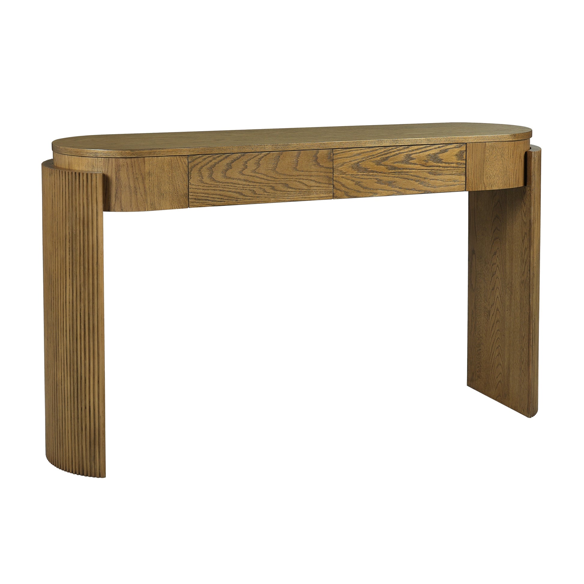 TREXM Entryway Table with Natural Wood Grain Finish, Console Table with Fluted Design, Oval Top and 2 Drawers for Entryway and Living Room (Pine Wood)