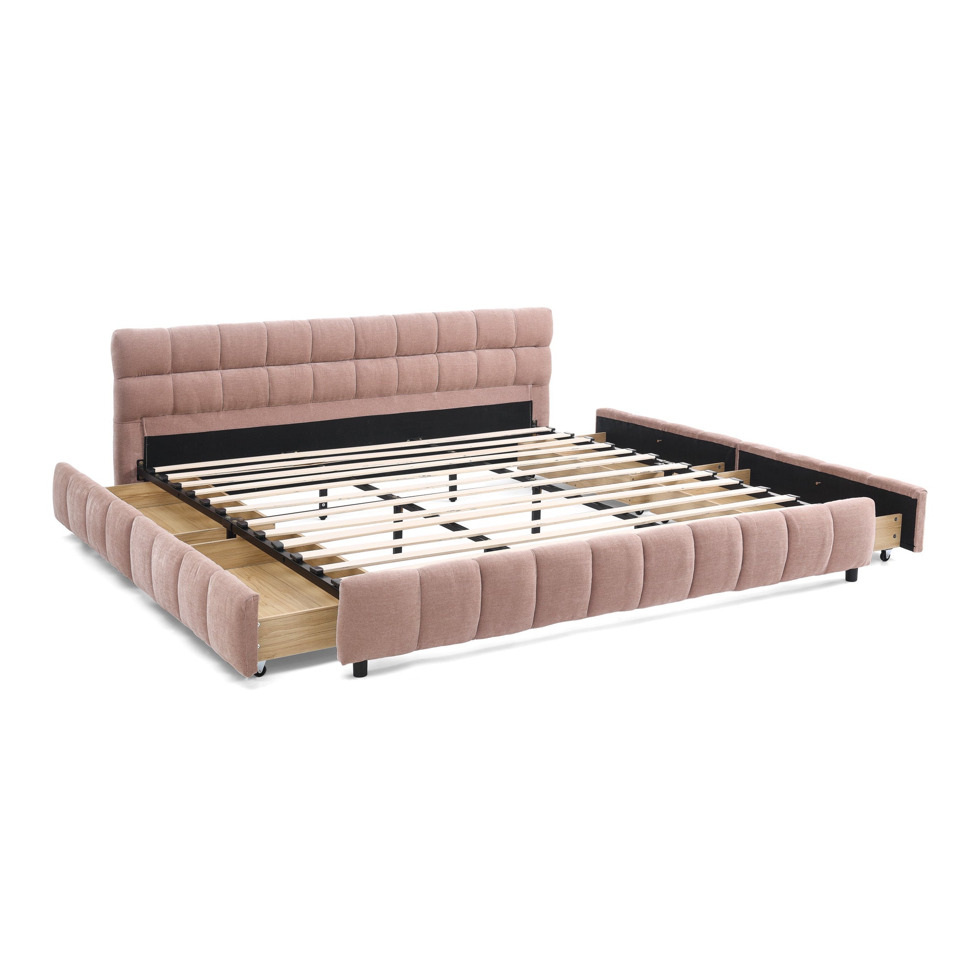 California King size Upholstered Bed ,comfortable upholstered bed frame, Chenille fabric, with headboard and solid bed frame. With drawer for storage.-Pink(90.5''*80.5''*31'')