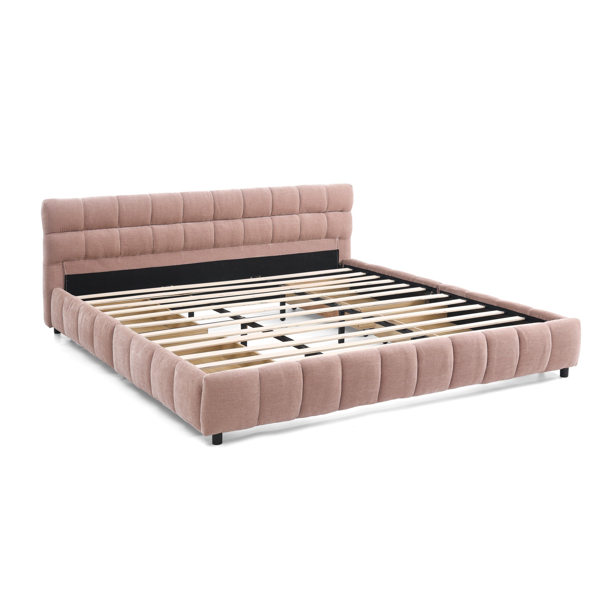 California King size Upholstered Bed ,comfortable upholstered bed frame, Chenille fabric, with headboard and solid bed frame. With drawer for storage.-Pink(90.5''*80.5''*31'')
