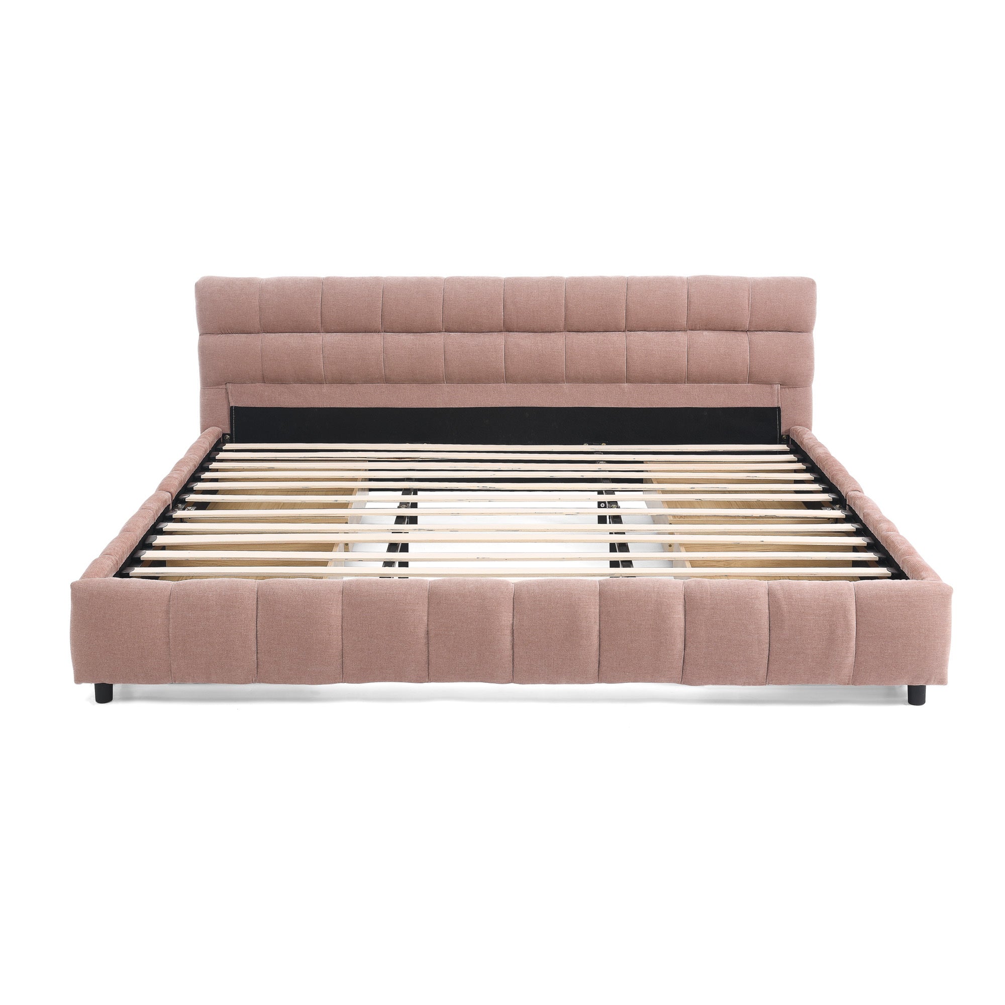 California King size Upholstered Bed ,comfortable upholstered bed frame, Chenille fabric, with headboard and solid bed frame. With drawer for storage.-Pink(90.5''*80.5''*31'')
