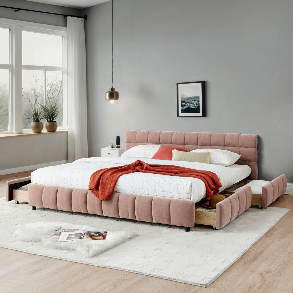 California King size Upholstered Bed ,comfortable upholstered bed frame, Chenille fabric, with headboard and solid bed frame. With drawer for storage.-Pink(90.5''*80.5''*31'')
