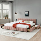 California King size Upholstered Bed ,comfortable upholstered bed frame, Chenille fabric, with headboard and solid bed frame. With drawer for storage.-Pink(90.5''*80.5''*31'')